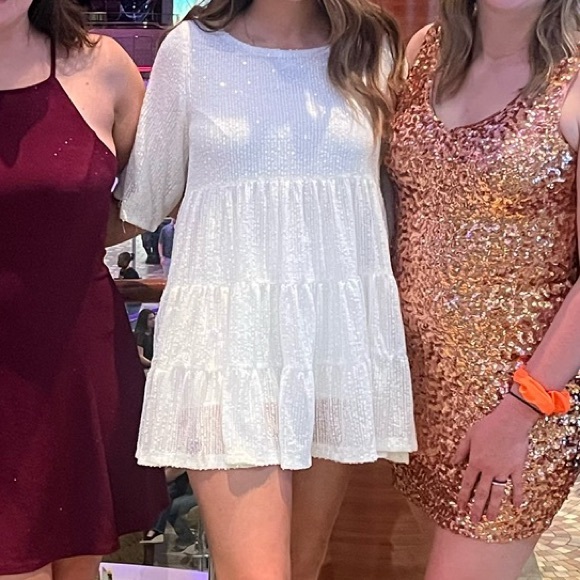 My Queen Sequin Pearl Baby Doll Dress White - Picture 5 of 5